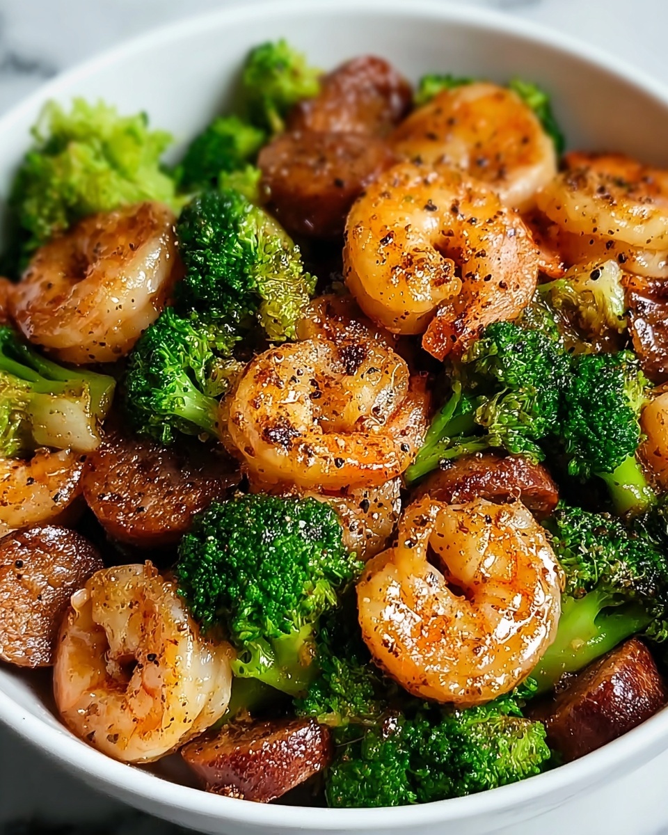 A bowl of shrimp with broccoli and spices.