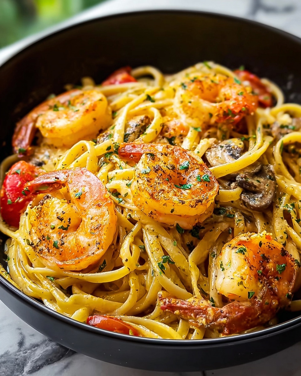 A bowl of pasta with shrimp and mushrooms.