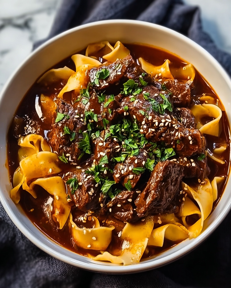 A bowl of beef noodles with a green garnish.