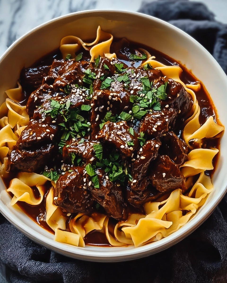 A bowl of beef noodles with a spoon in it.