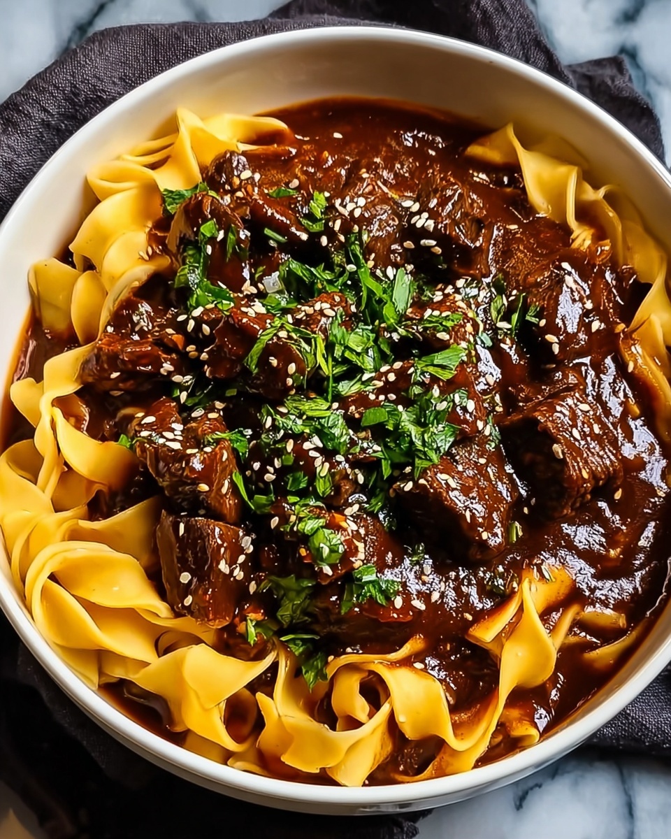 A bowl of beef noodles with a green garnish.