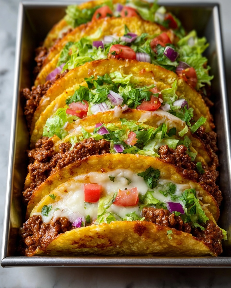 A pan of oven-baked cheesy tacos.