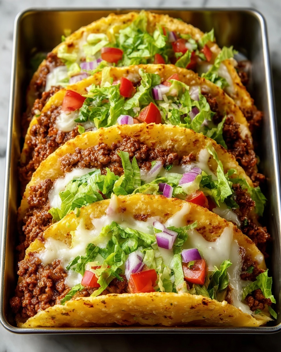 A pan of oven-baked cheesy tacos.