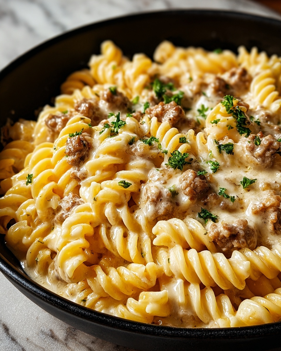 A bowl of pasta with meat and cheese.