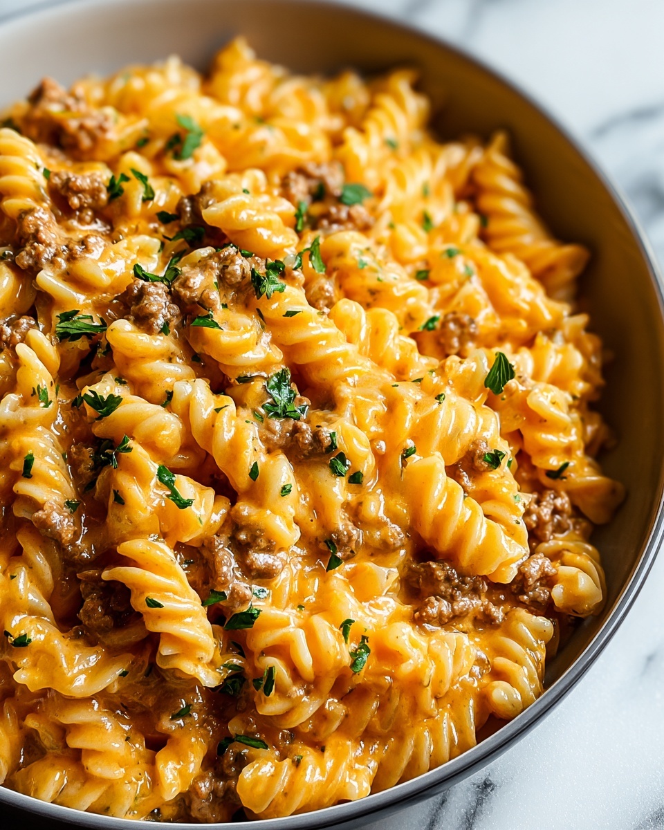 A bowl of pasta with ground beef and cheese.