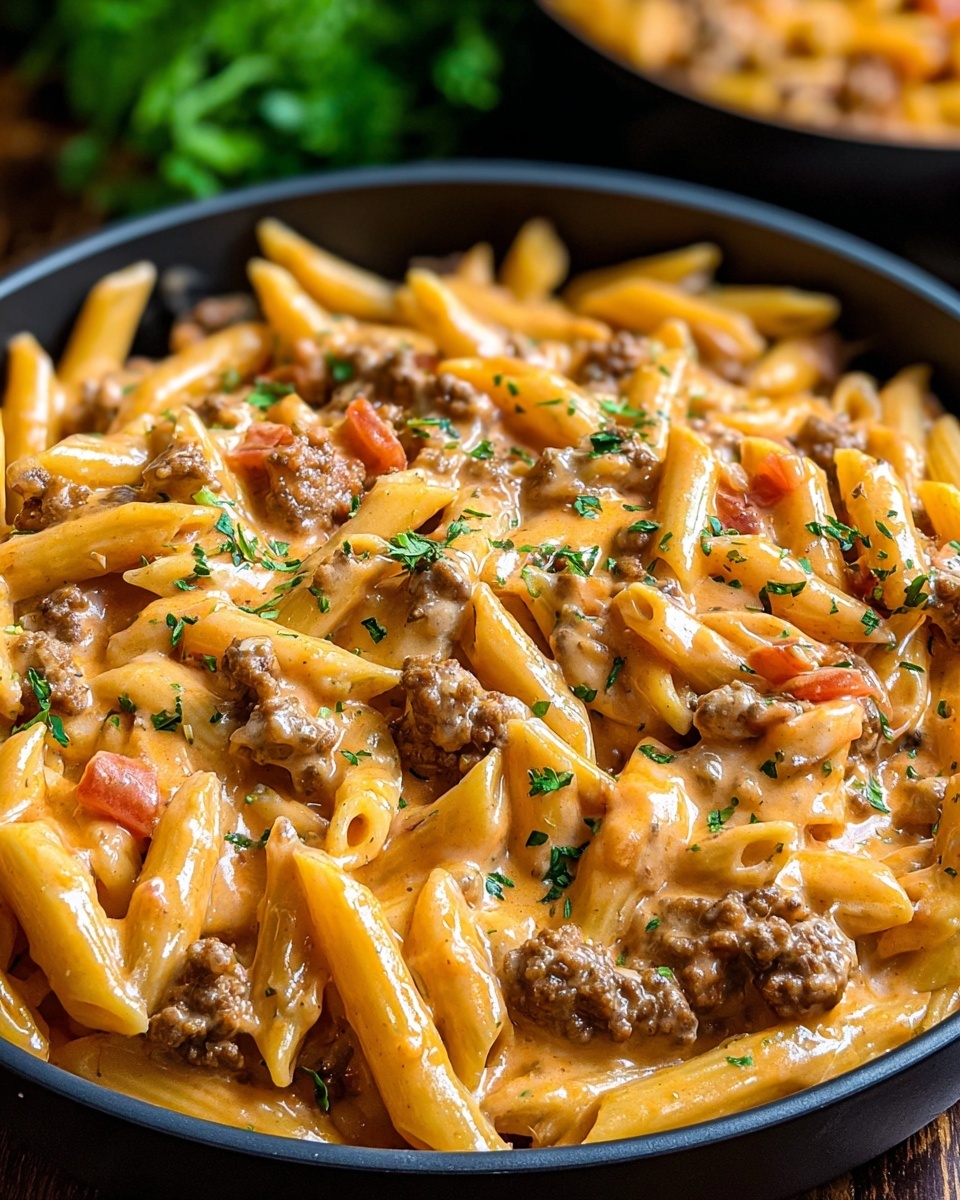 A bowl of creamy beef pasta.