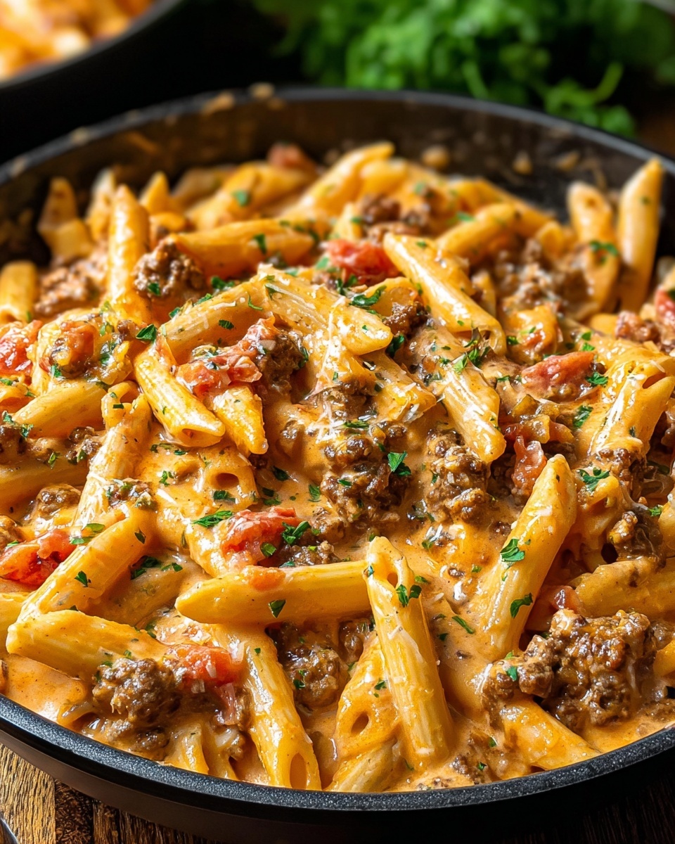 A creamy beef pasta dish in a black pan.