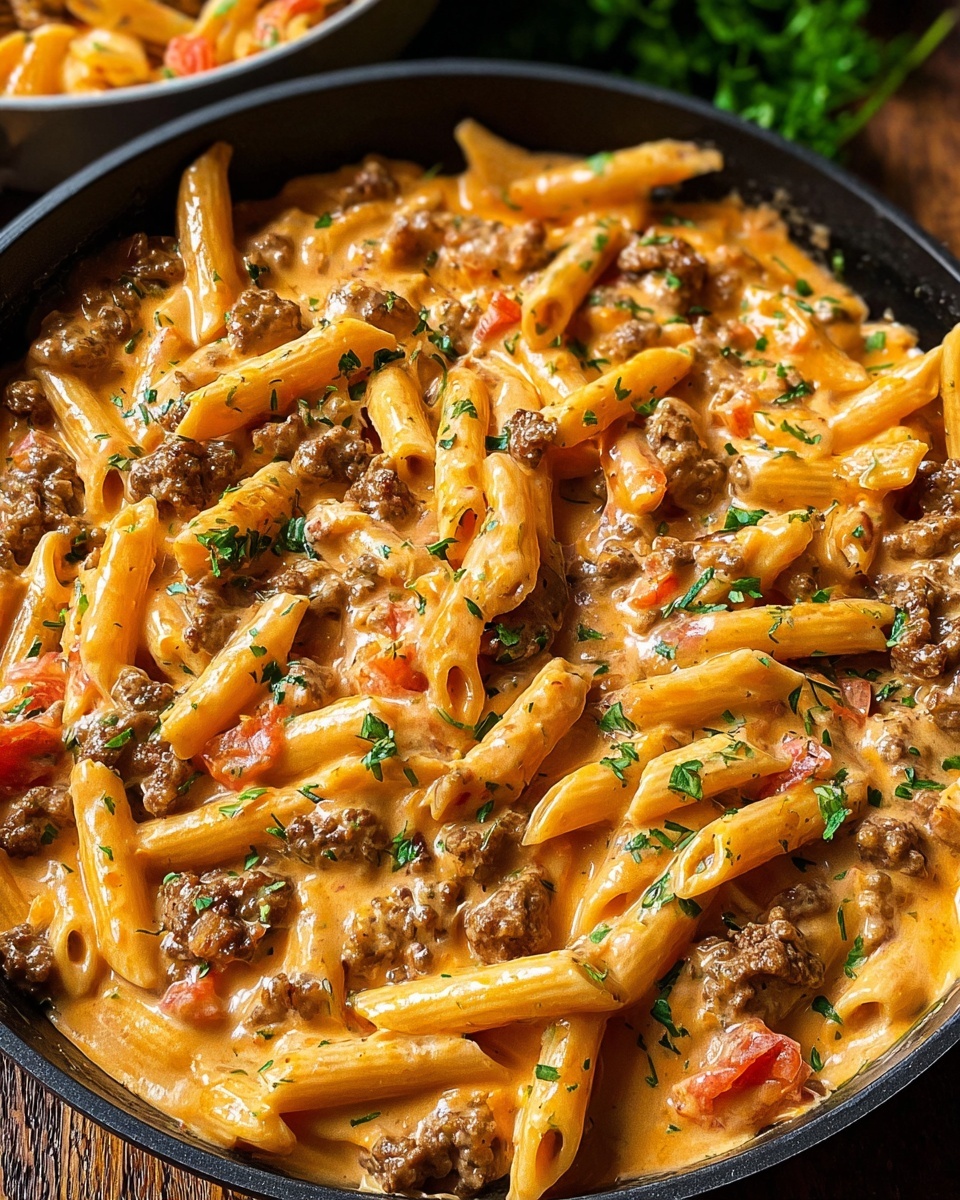 A bowl of creamy beef pasta.