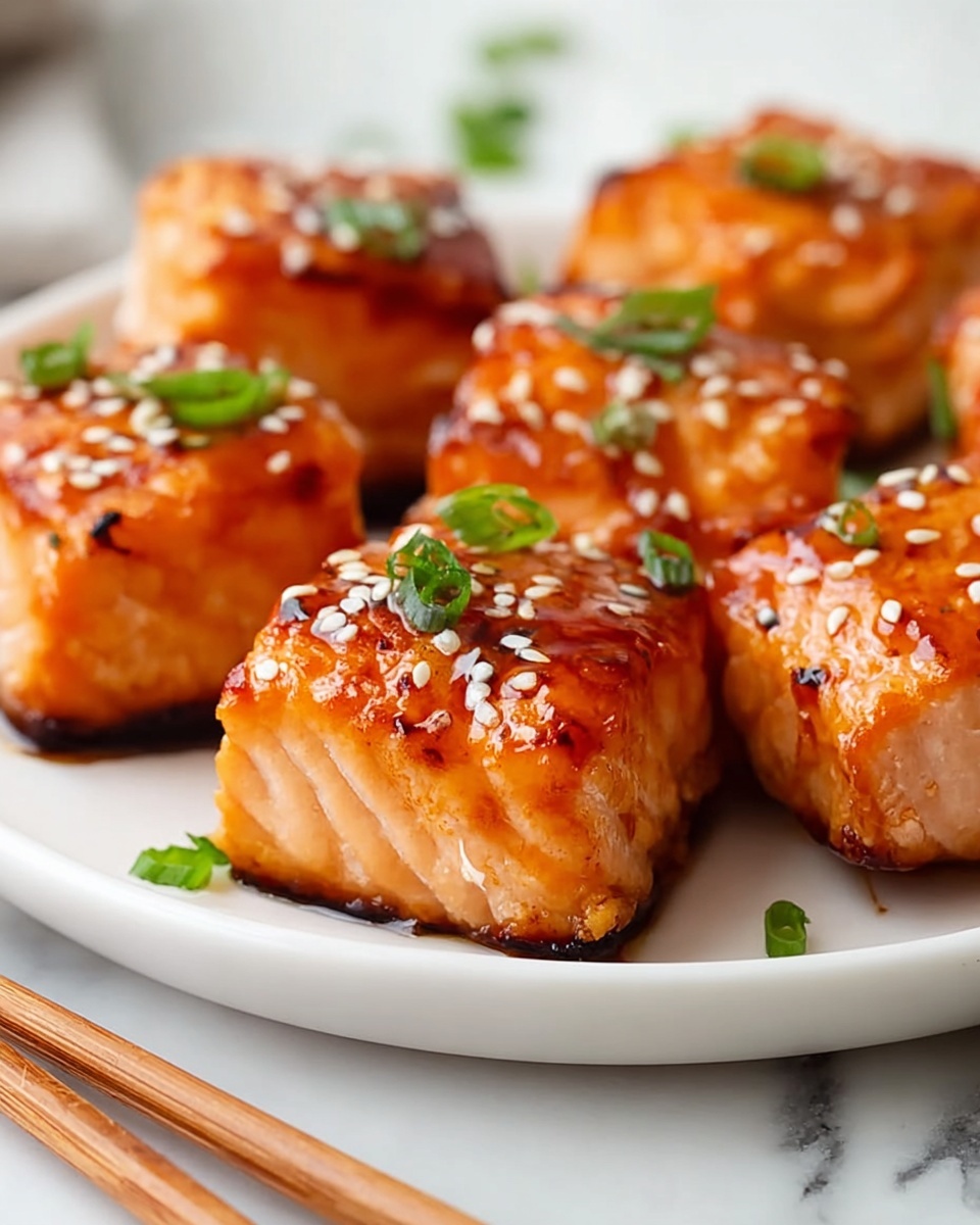 A plate of bang bang salmon bites.