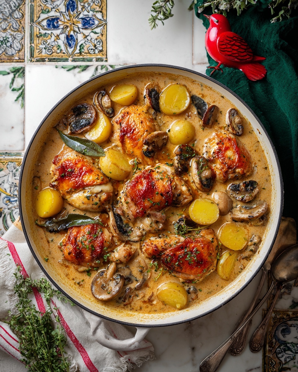 A bowl of chicken with mushrooms and herbs.