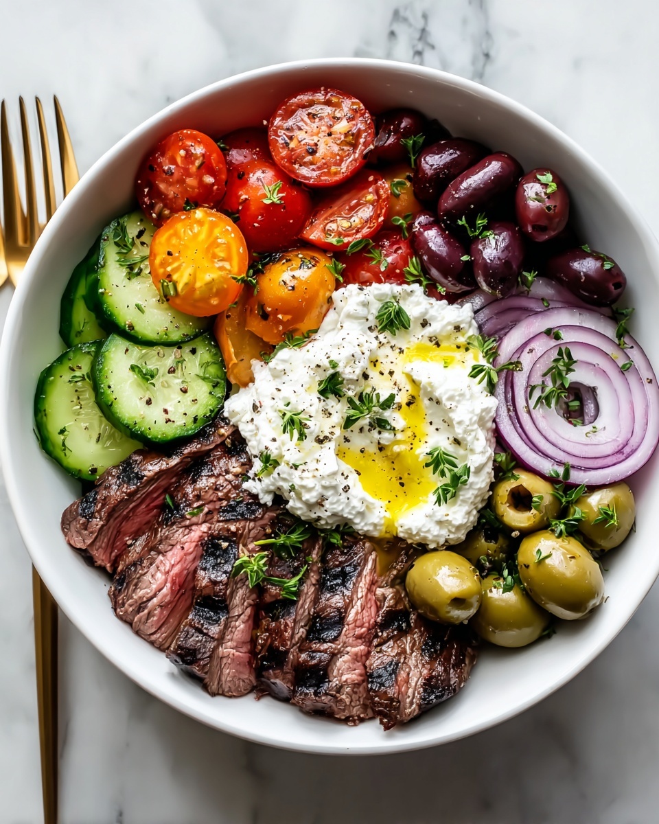 A white bowl filled with a variety of foods including meat, vegetables, and cheese.