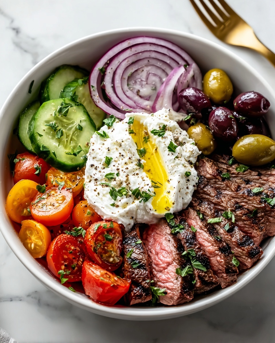 A bowl of food with meat, tomatoes, onions, cucumbers, and olives.