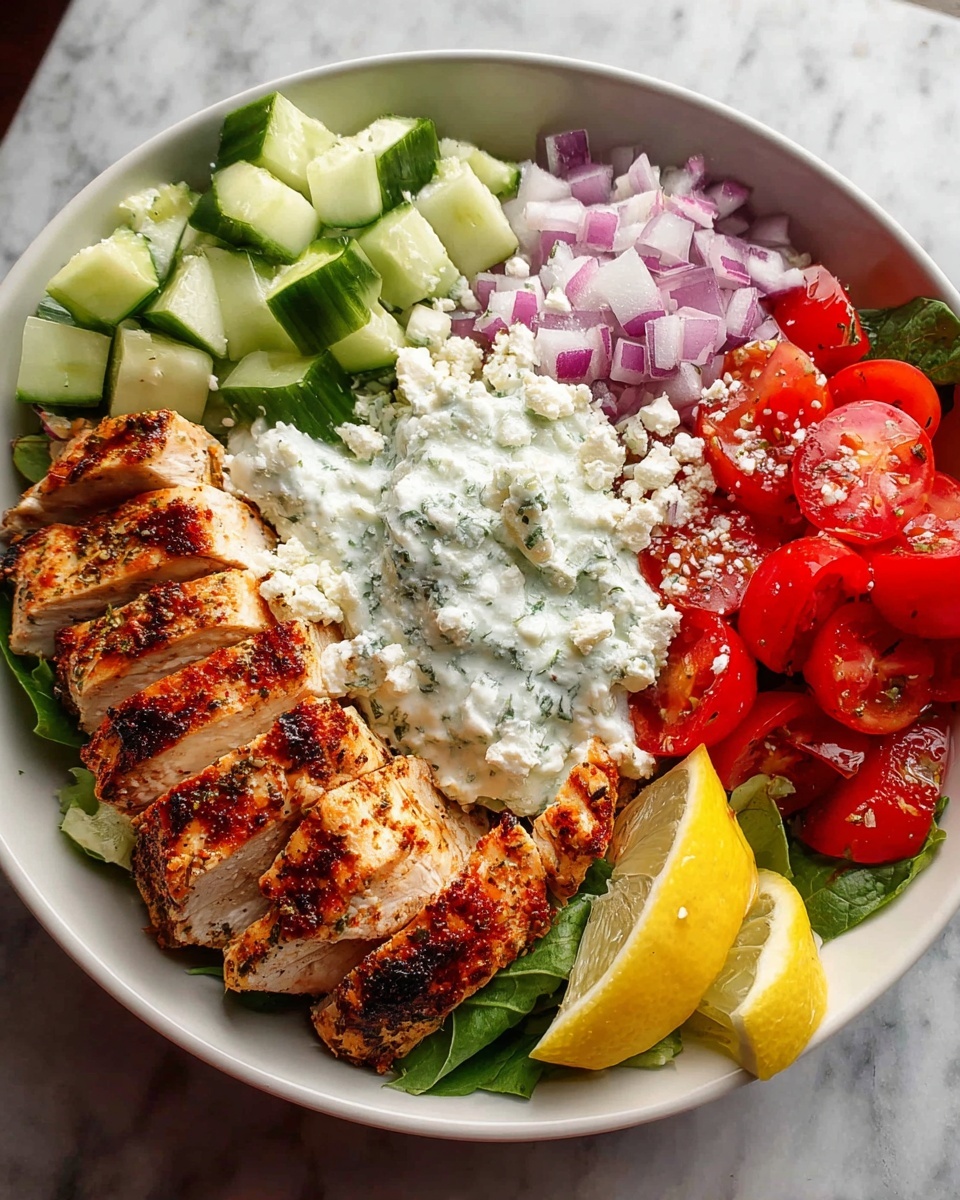A bowl of Greek chicken salad with tomatoes, cucumbers, onions, and feta cheese.