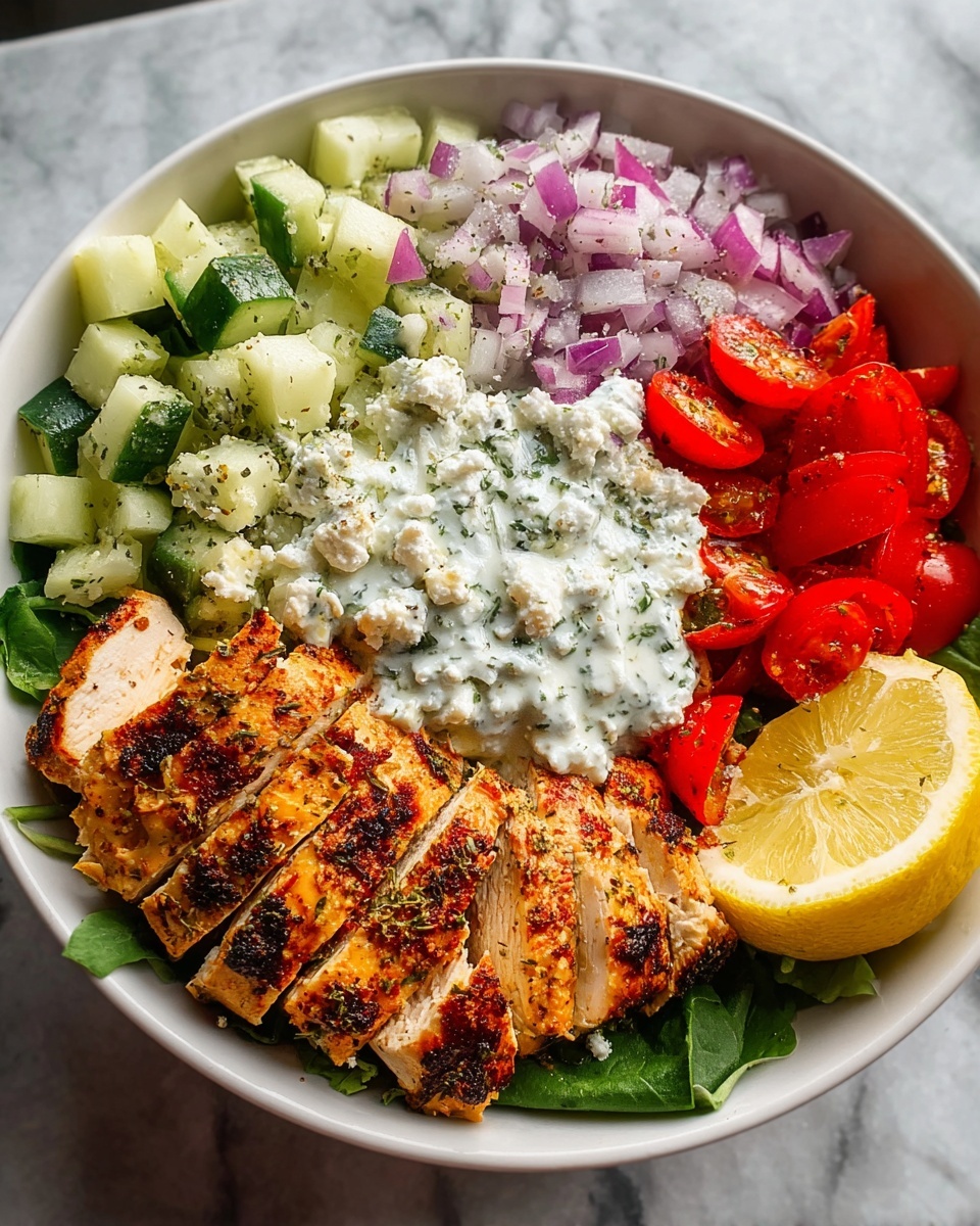 A bowl of Greek chicken salad with tomatoes, onions, cucumbers, and feta cheese.