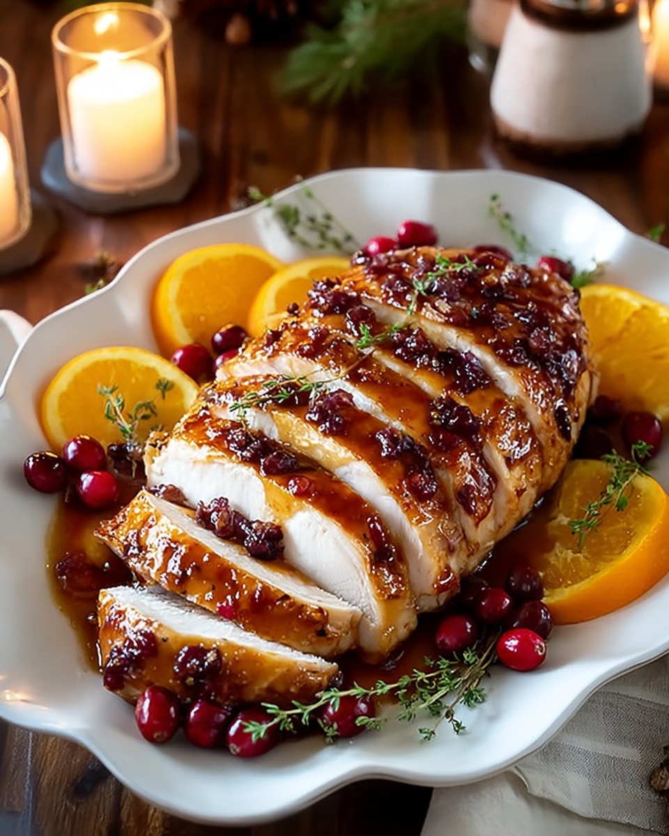 A glazed turkey breast with cranberries and oranges.