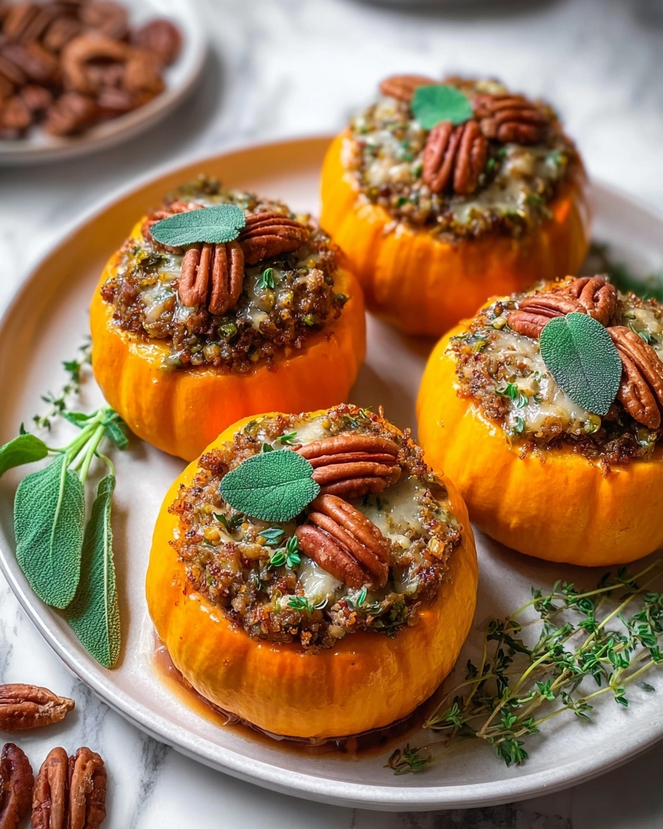 Four pumpkins filled with ground turkey and brown butter sage.