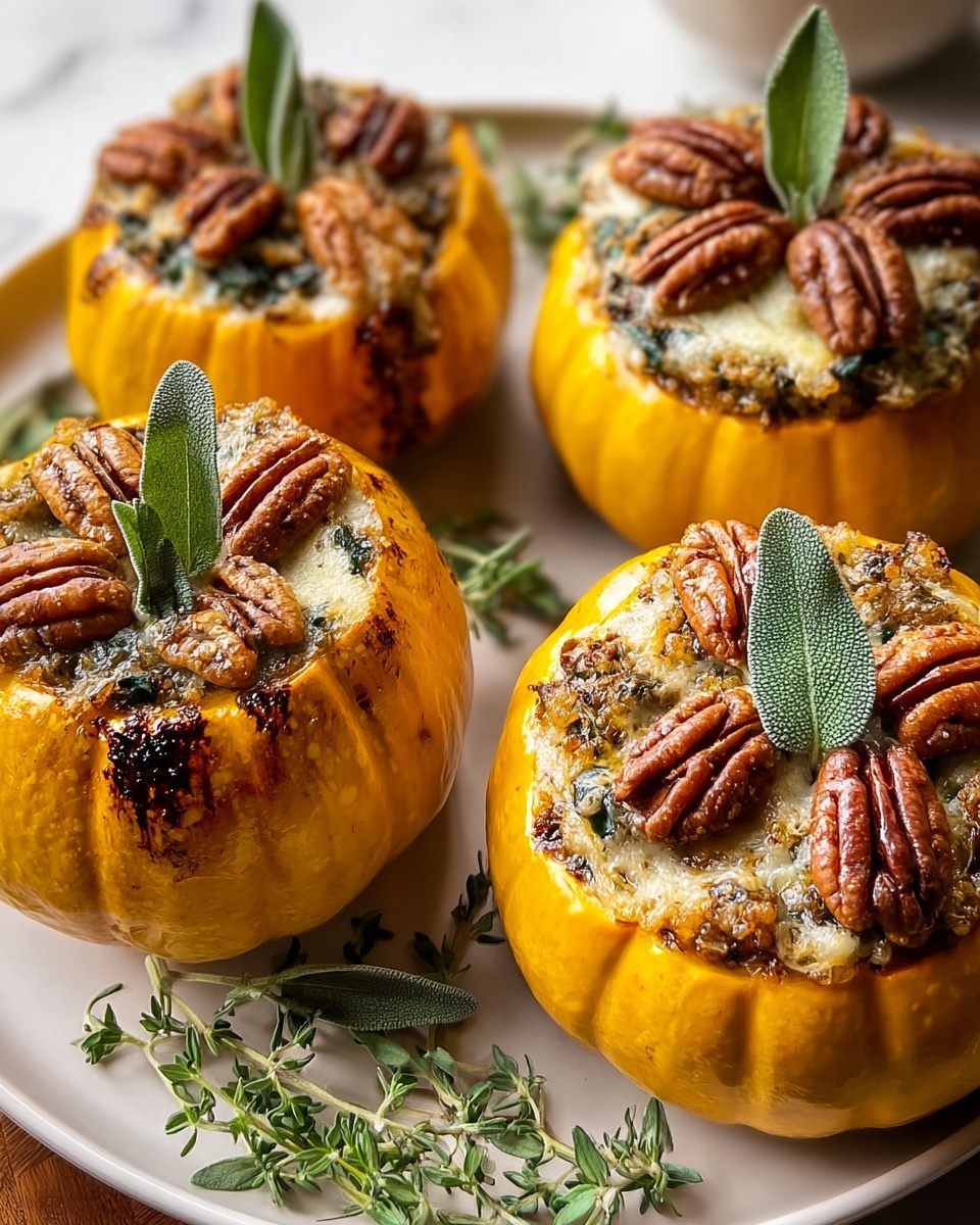 Three pumpkins with ground turkey and brown butter stuffed inside.