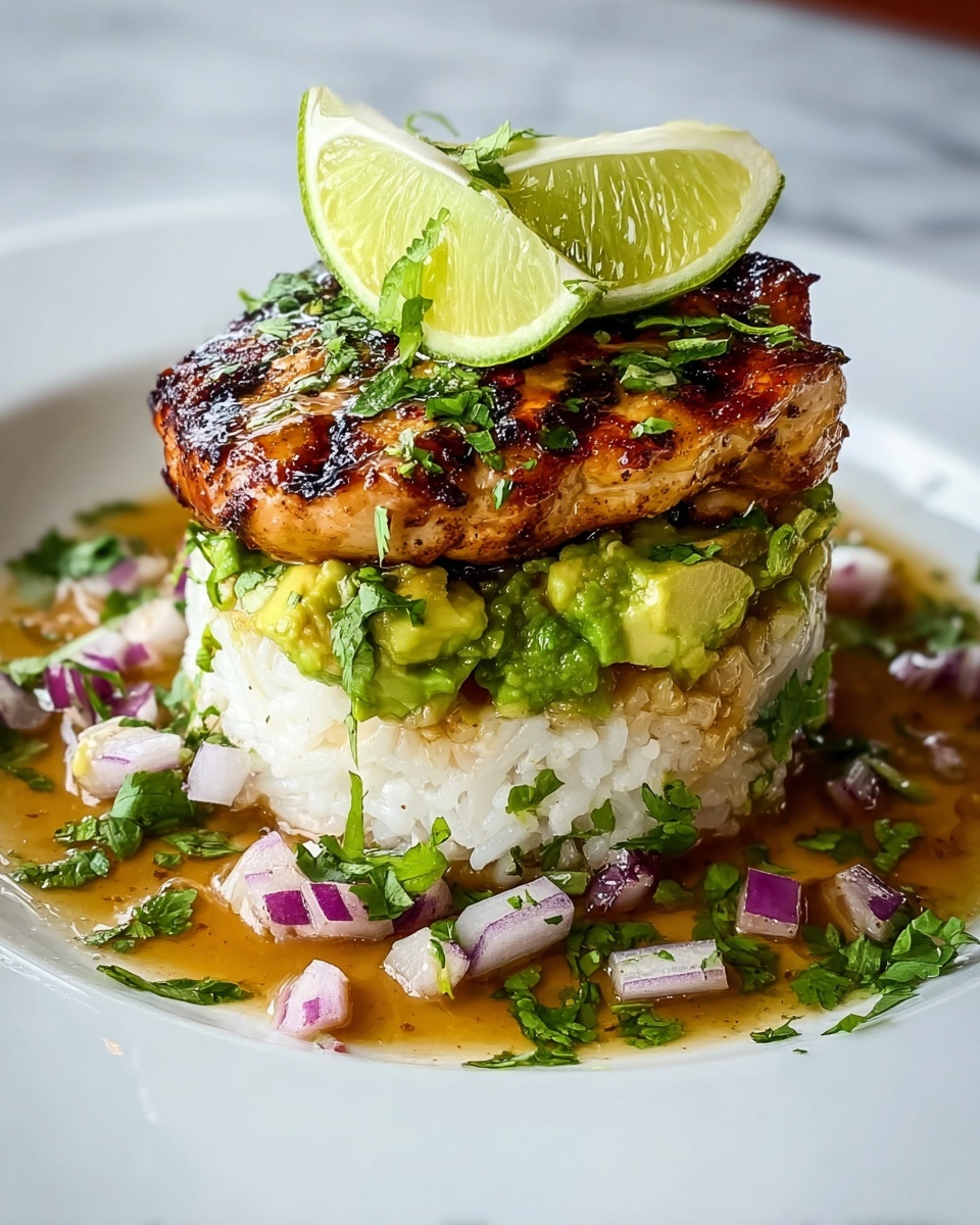 A plate of food with rice, chicken, avocado, and lime.