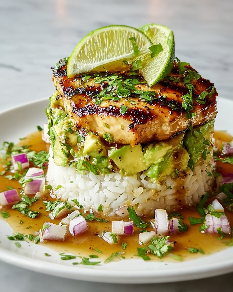 A plate of food with rice, lime, avocado, and chicken.