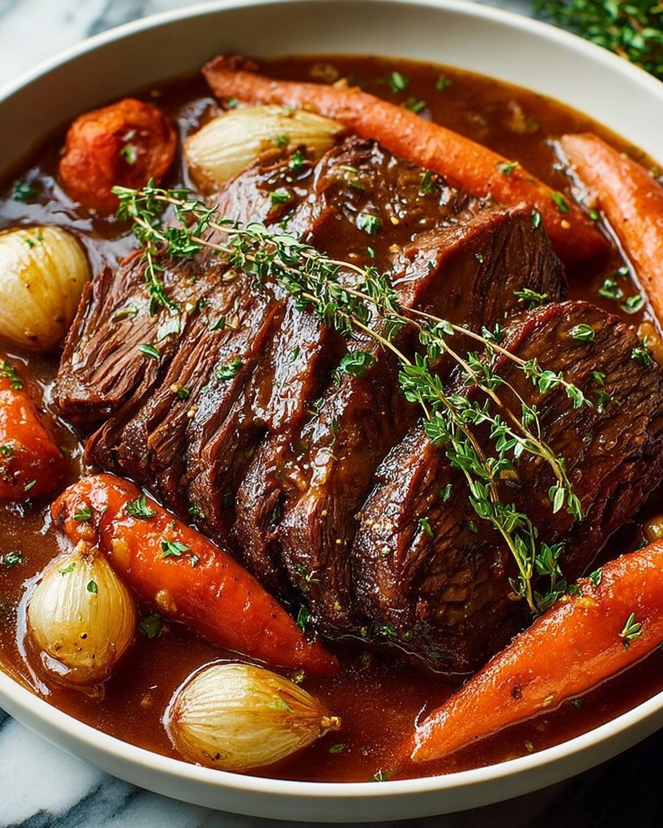 A pot roast with carrots and onions in a red wine sauce.