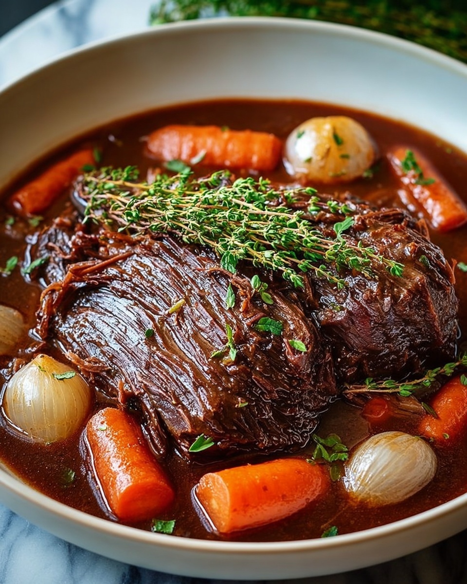 A pot roast with carrots and onions in a red wine sauce.