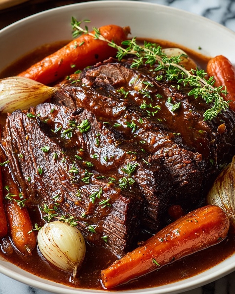A pot roast with carrots and onions in a red wine sauce.