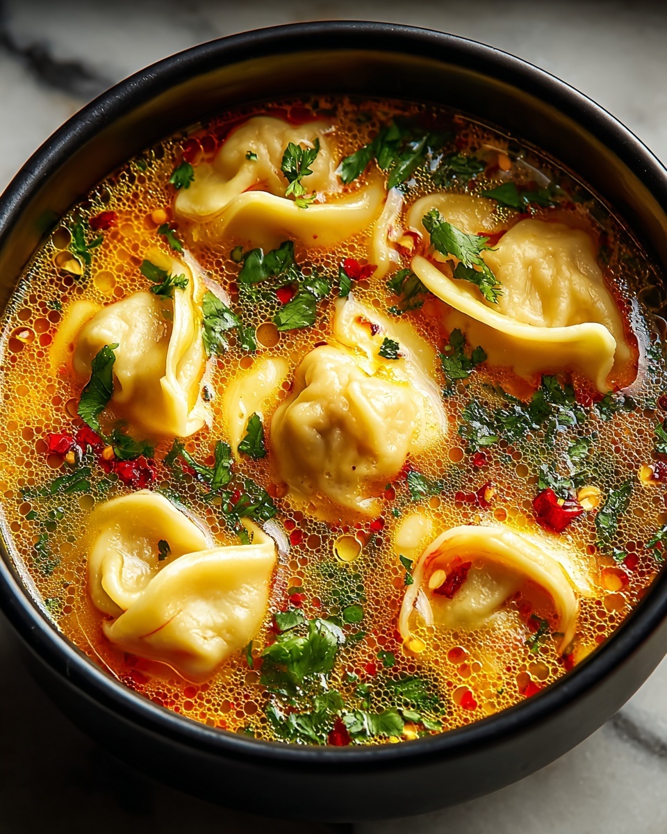 A bowl of soup with yellow noodles and green herbs.