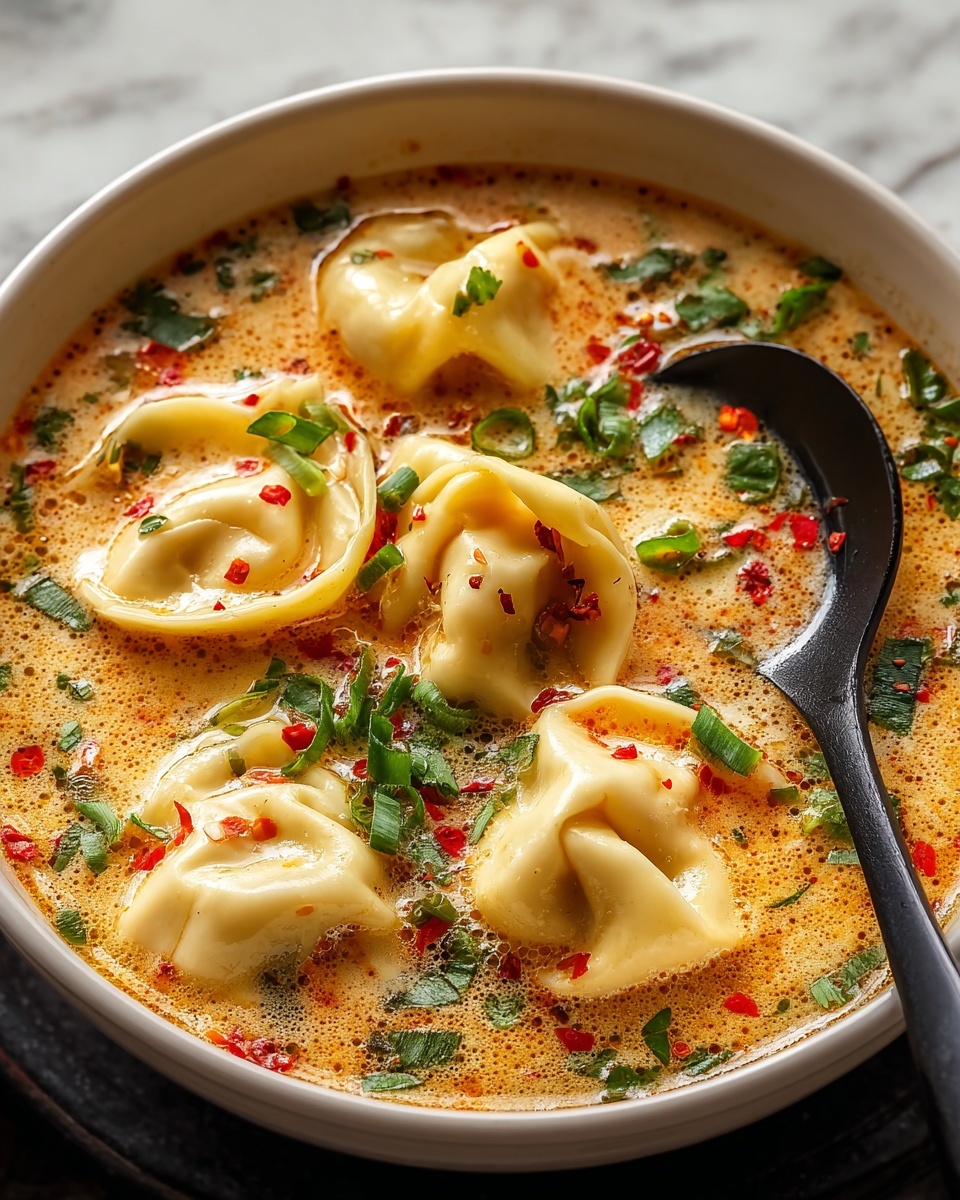 A bowl of soup with a spoon in it.