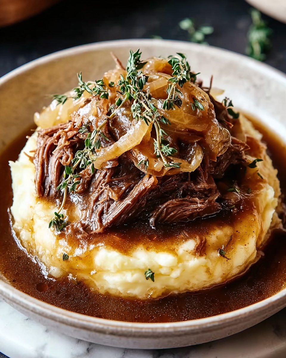A close up of a pot roast with onions and herbs.