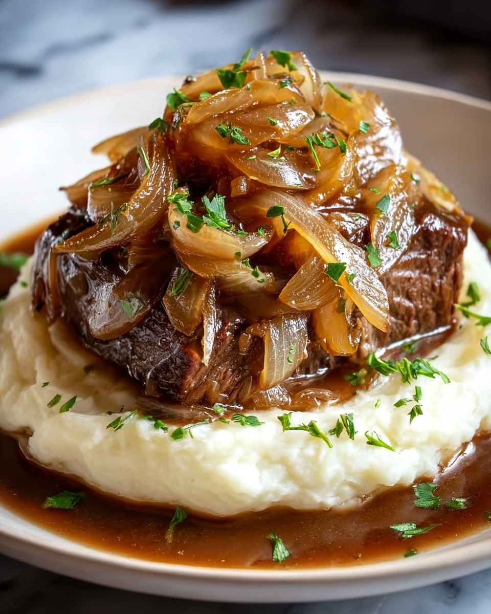 A pot roast with onions and herbs.