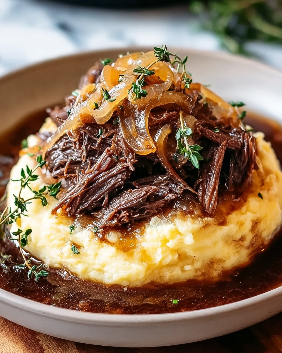 A close up of a delicious French Onion Pot Roast.