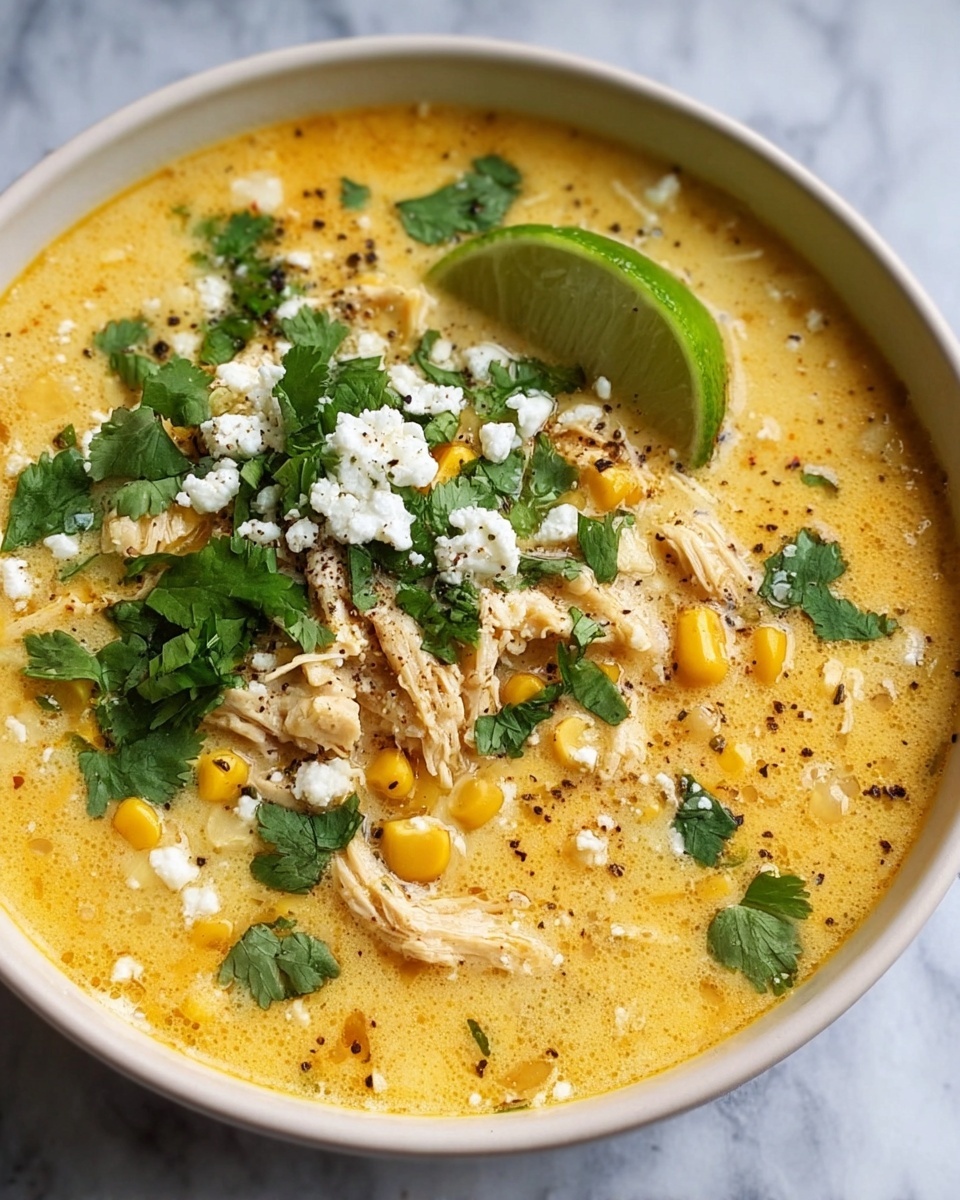 A bowl of Mexican street corn soup with lime wedges on top.