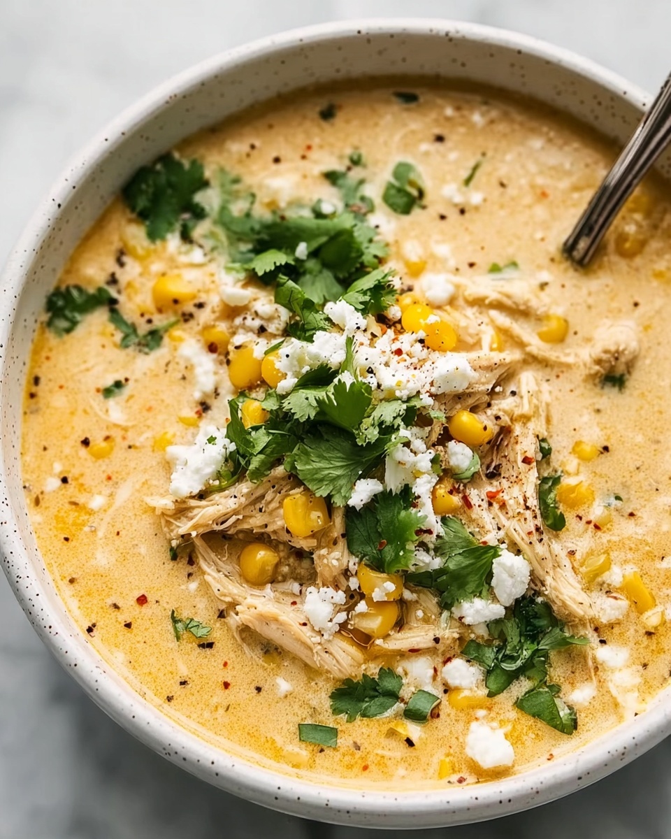A bowl of Mexican street corn soup with chicken and corn.