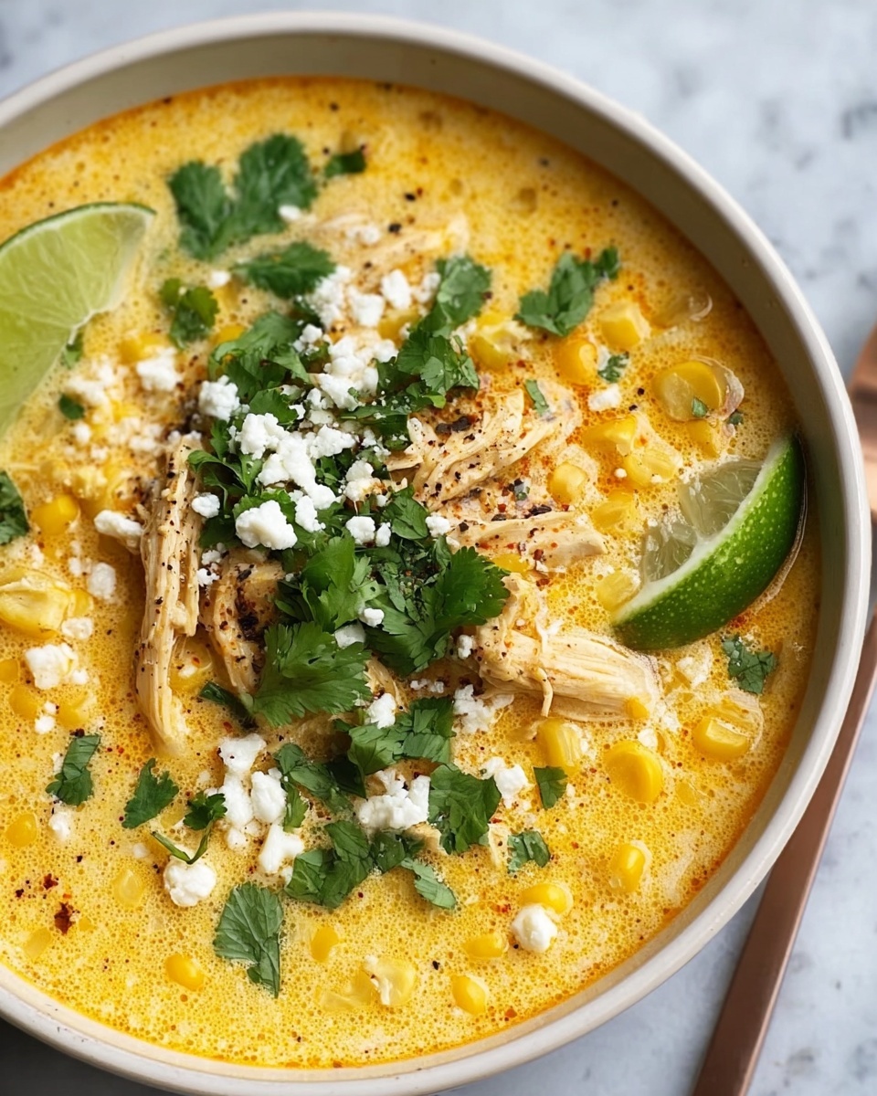 A bowl of Mexican street corn soup with chicken, corn, and lime.