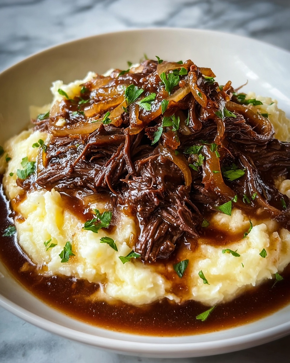 A plate of food with a crock pot french onion pot roast.