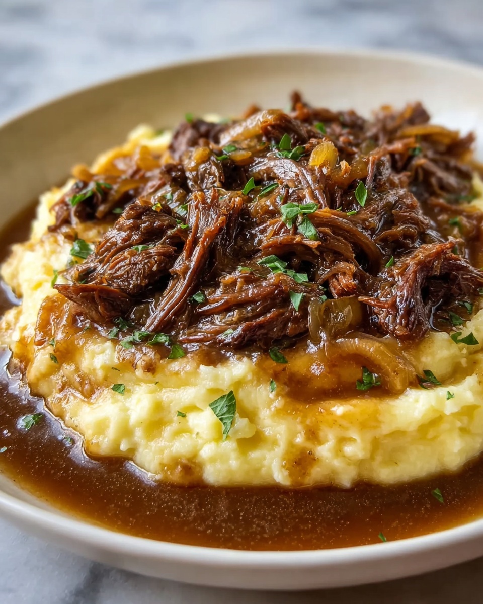 A plate of food with a crock pot french onion pot roast.