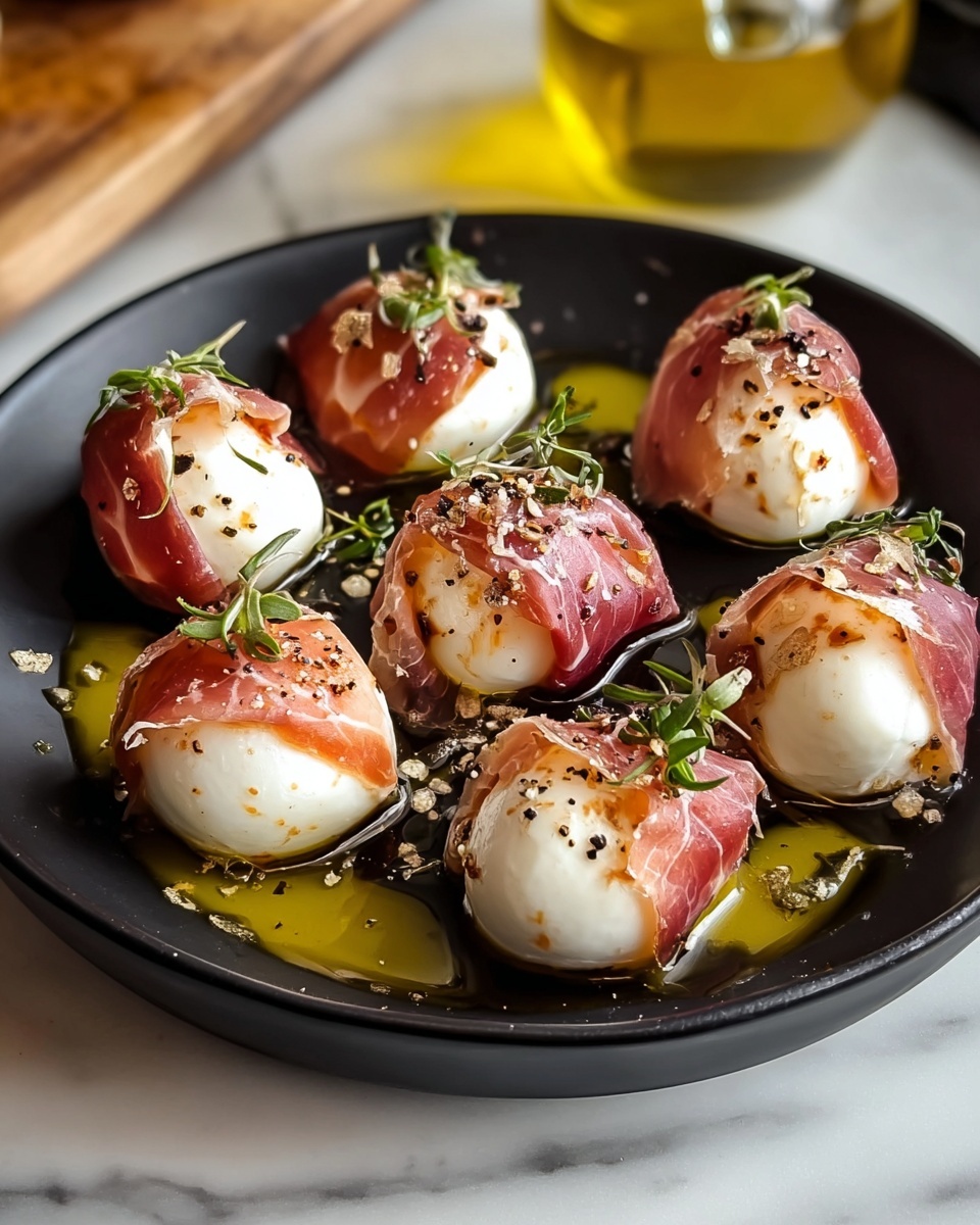 A plate of prosciutto wrapped mozzarella bites.