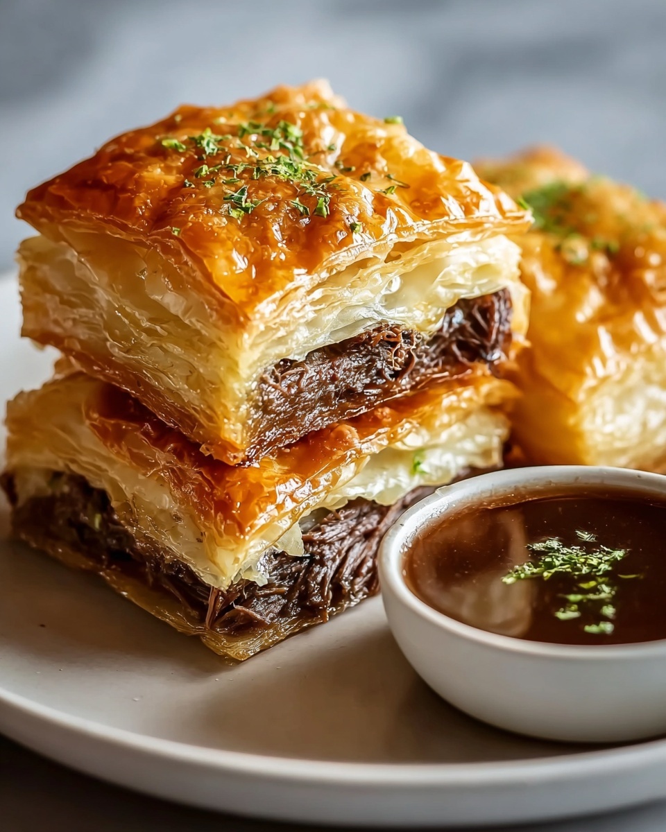 French dip squares with sauce.