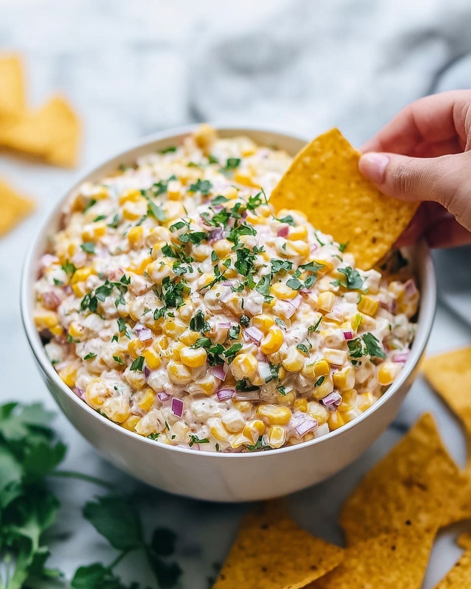 A person is holding a tortilla chip over a bowl of corn dip.