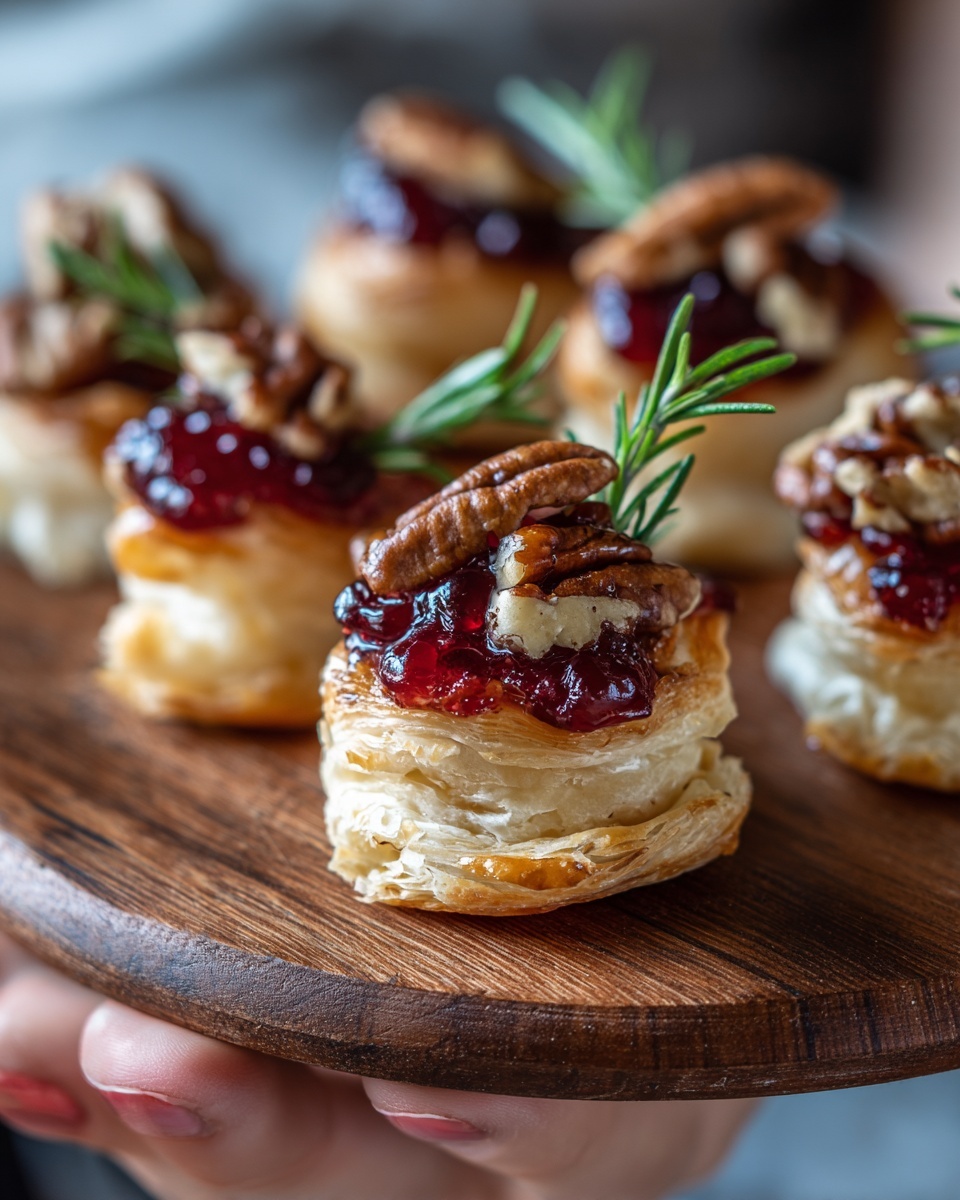 Baked cranberry brie bites on a wooden platter.