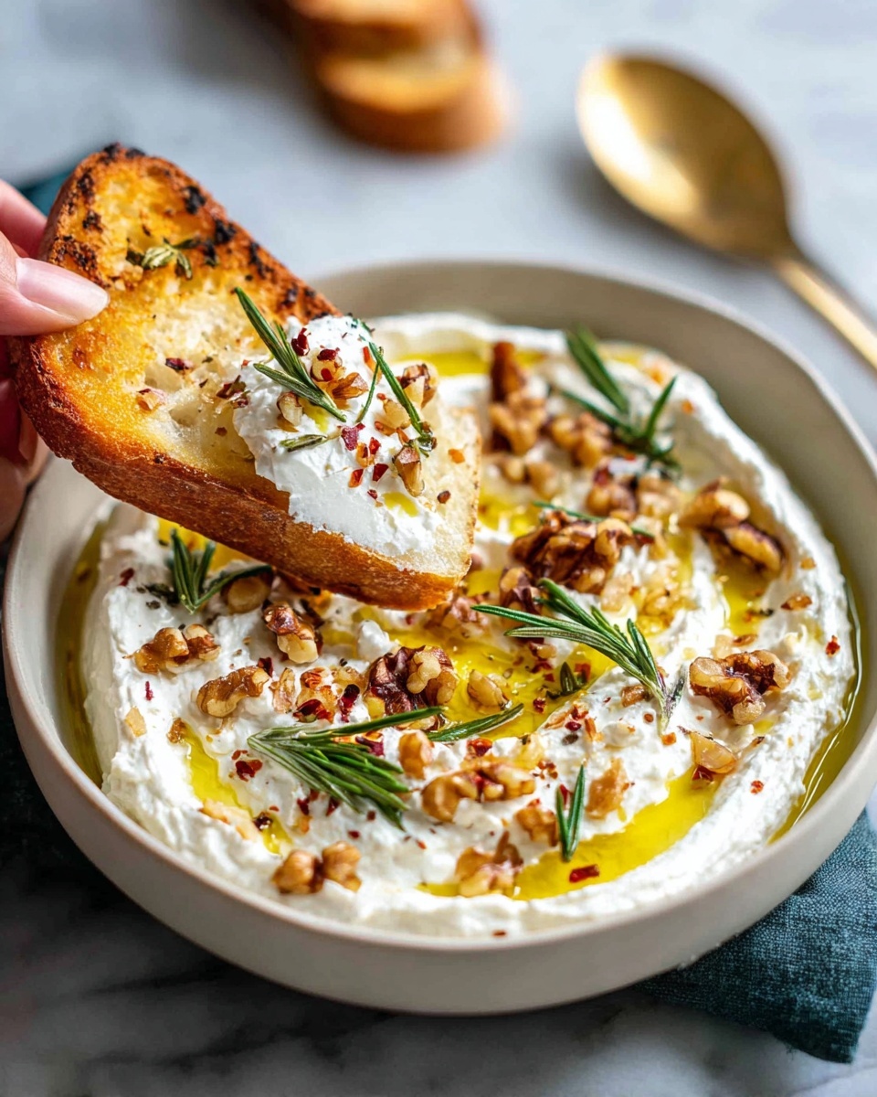 A person is holding a piece of bread and dipping it into a bowl of spicy ricotta dip with hot honey.