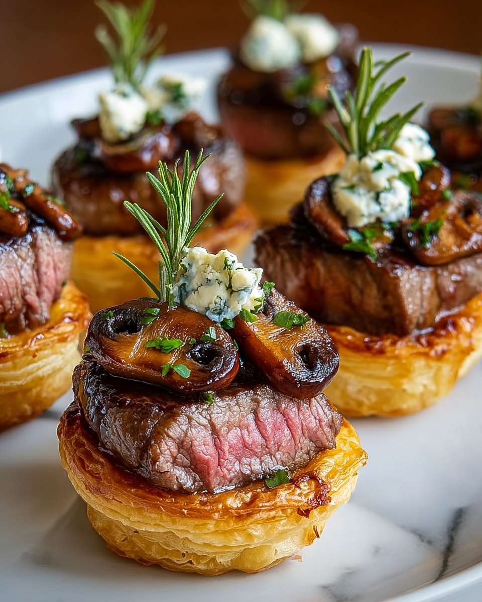 Mini beef wellington bites with blue cheese and mushrooms.