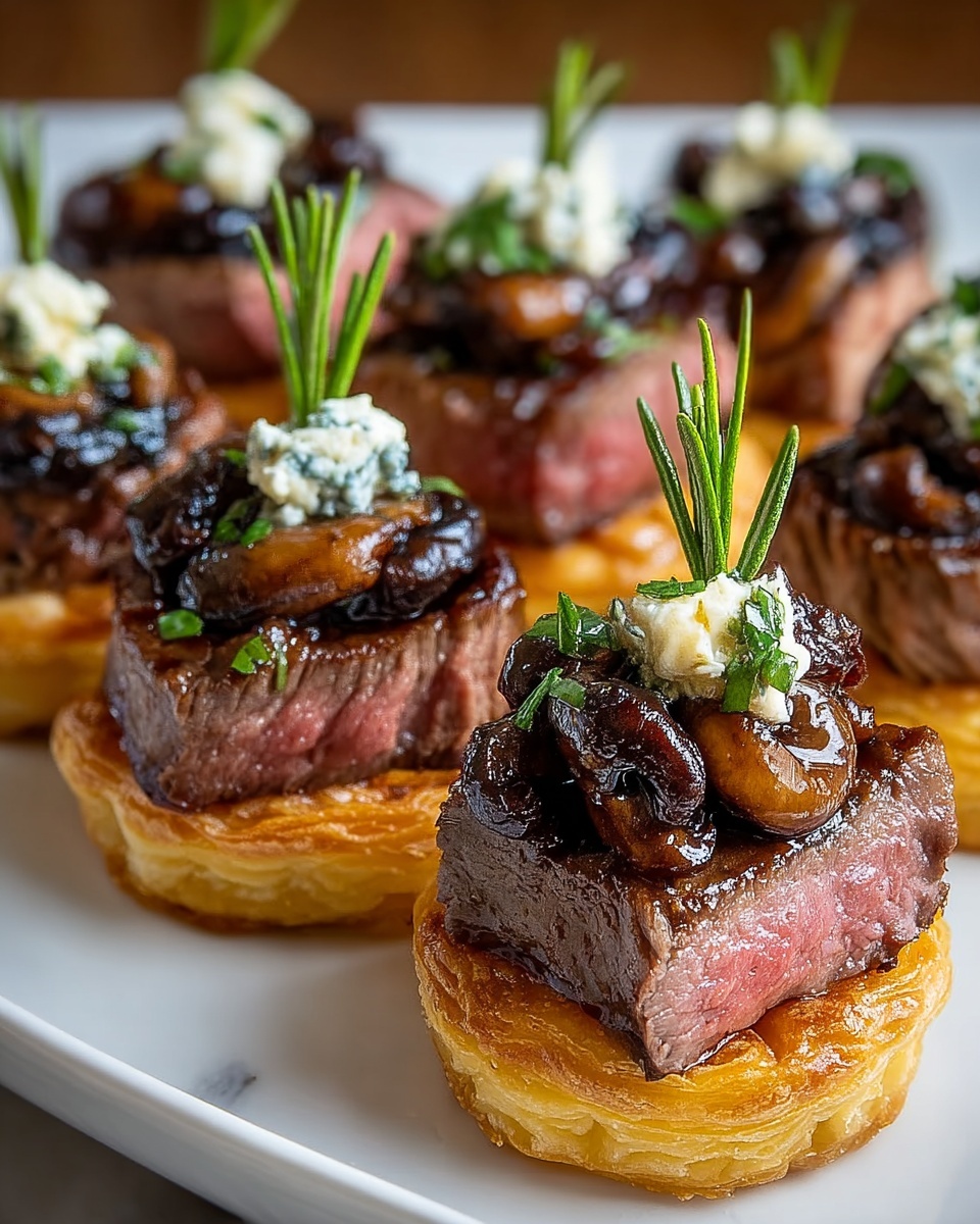 Mini beef wellington bites with blue cheese and mushrooms.
