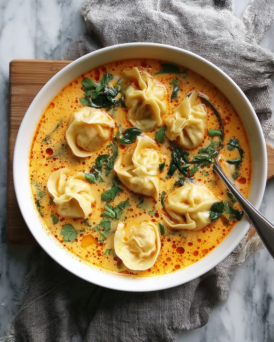 A bowl of soup with dumplings and green vegetables.