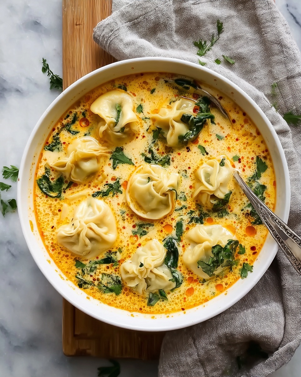 A bowl of soup with dumplings and greens.
