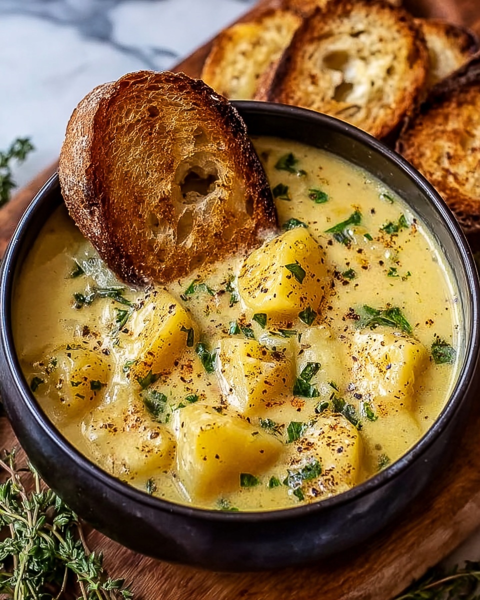 A bowl of soup with a slice of bread on top.