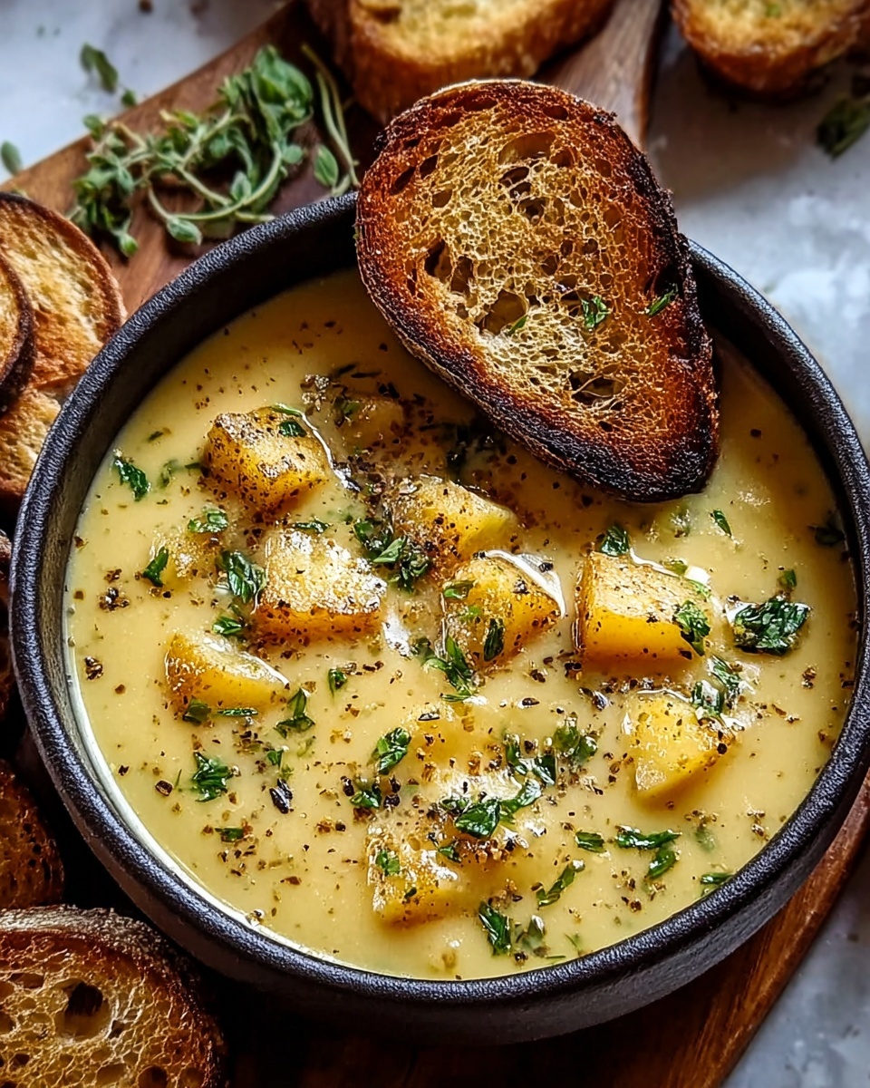 A bowl of soup with a slice of bread on top.