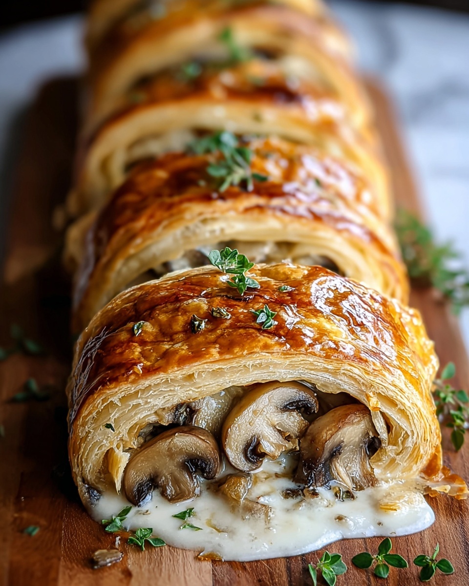 A long pastry with mushrooms and cheese on it.