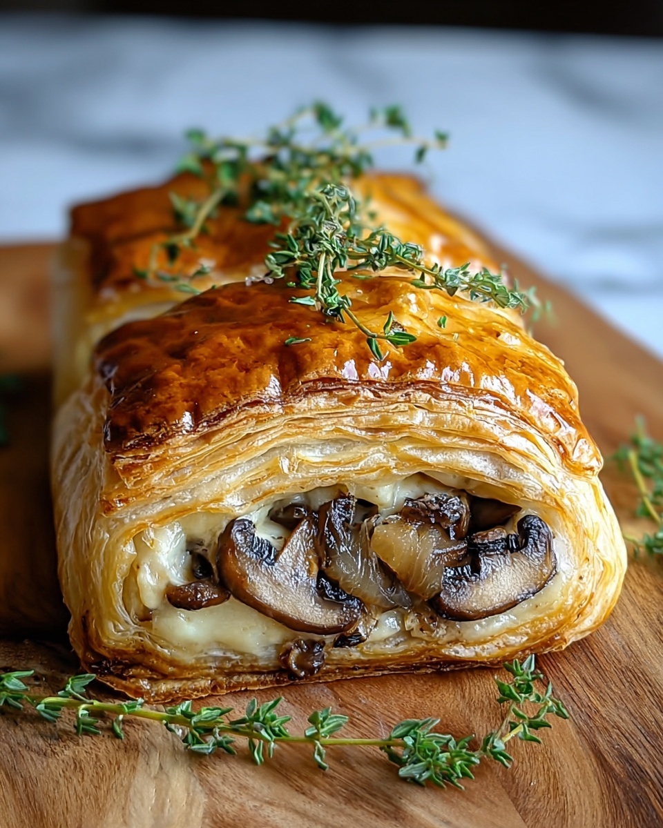 A pastry with mushrooms and herbs on a wooden table.