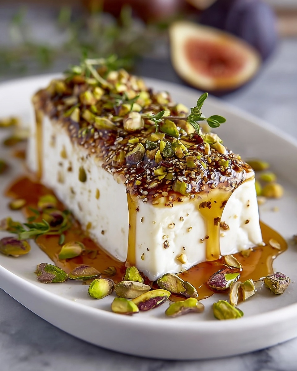 A plate of goat cheese with honey and pistachios.